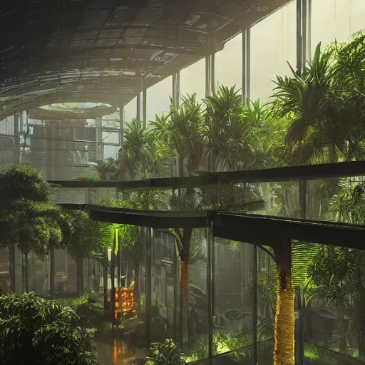 Prompt: cyberpunk futuristic greenhouse apartments in a tropical forest setting. dusty moody lighting. heavy rain is falling through a central opening in the roof, into a dimly lit pool of water in the center of the room. architectural concepts inspired by dune 2 0 4 9, 8 k, photorealism, hdr, ultra sharp, environmental render, concept