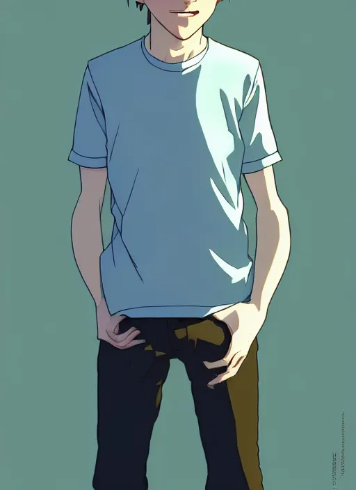 Image similar to art young lenin, light blue eyes, pale skin, freckles, sad expression, t - shirt, modern casual clothing, natural lighting, path traced, highly detailed, high quality, cartoon, digital painting, by don bluth and ross tran and studio ghibli and alphonse mucha