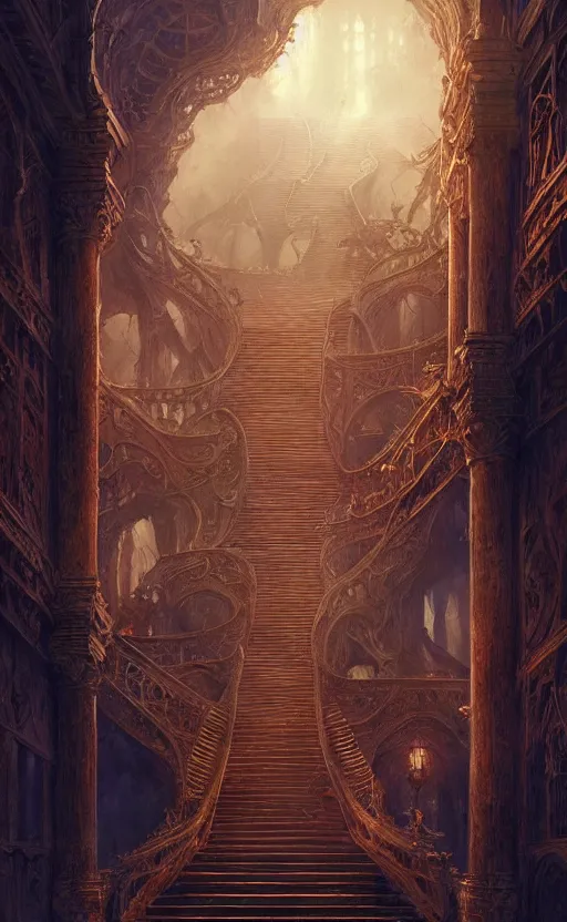 Prompt: stairs from hell to heaven, flames, heavens, paradise, fantasy, hell, beautiful, intricate detail, intricate, epic, vast, digital painting by greg rutkowski, artstation, very detailed, cinematic lighting, concept art