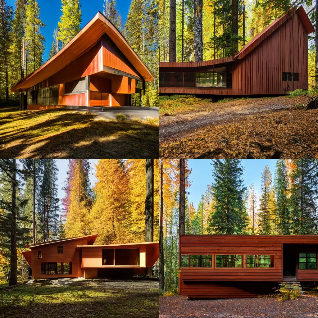 Prompt: alvar aalto style house in the pacific northwest forest, indian summer, 8 k,