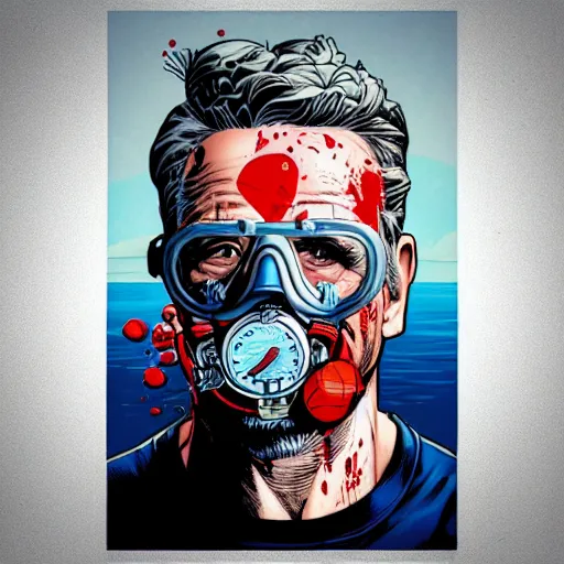 Image similar to a profile photo of an old man with a diving oxygen mask with side profile blood in ocean intricate details by MARVEL comics and Sandra Chevrier-C