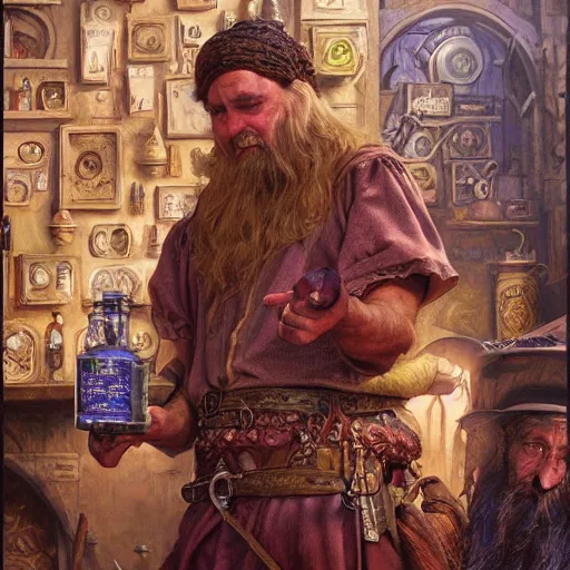 Prompt: The potion seller offers you his strongest of potions, D&D fantasy, portrait art by Donato Giancola and James Gurney, digital art, trending on artstation