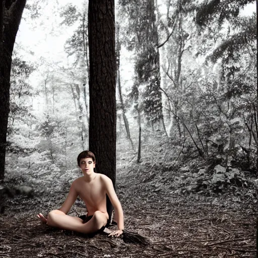 Image similar to a teenage boy, around 2 3 years old with necklace, natural brown hair, loincloth, pale skin, detailed face. sitting in ominous and eerie looking forest. natural colors. realistic photo.