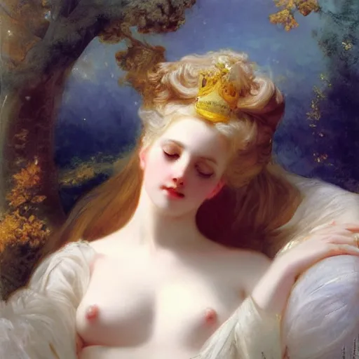 Image similar to blonde beautiful sleeping princess by Franz Xaver Winterhalter and Delphin Enjolras and Rebecca Guay