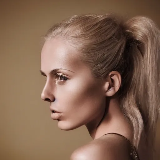 Image similar to vintage photograph of an olive skinned blonde female model in her twenties, her hair pinned up, wearing a designer top, looking content, focused on her neck, photo realistic, extreme detail skin, natural beauty, no filter, slr, golden hour, 8 k, high definition, selfie