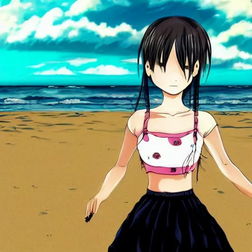 Image similar to beautiful anime manga girl wearing croptop and skirt happy face. she is at the beach. trending on artsystion. drawn by eiichiro oda. in the style of david firth's salad fingers.