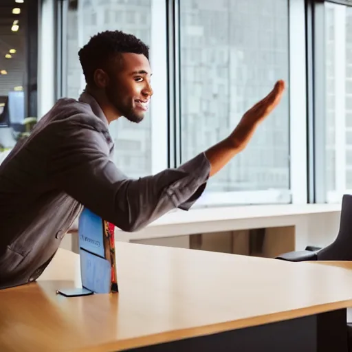 Image similar to photo of a young man waving goodbye to his coworker in office