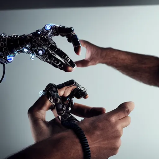 Image similar to futuristic cyborg holding hands with homo habilis, hd photograph, photo in a studio room