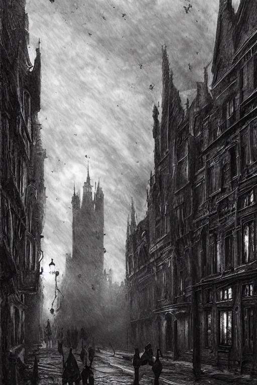 Image similar to haunted gothic old london 1 9 0 0, lovecraft, photorealistic, dark, atmospheric lighting, painted, intricate, ultra detailed by leesha hannigan, thierry doizon, kai carpenter, well composed, best on artstation, cgsociety, epic, stunning, gorgeous, intricate detail