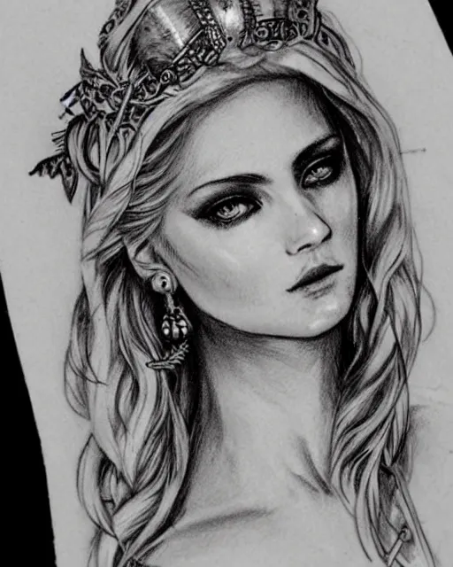 Image similar to tattoo sketch of beautiful greek goddess aphrodite with arrowhead earrings, beautiful feather jewelry, beautiful piercing eyes, flowing blonde hair, realistic face, hyper realistic, in the style of greg rutkowski, fantasy, amazing detail, epic, elegant, smooth, sharp focus, from the front