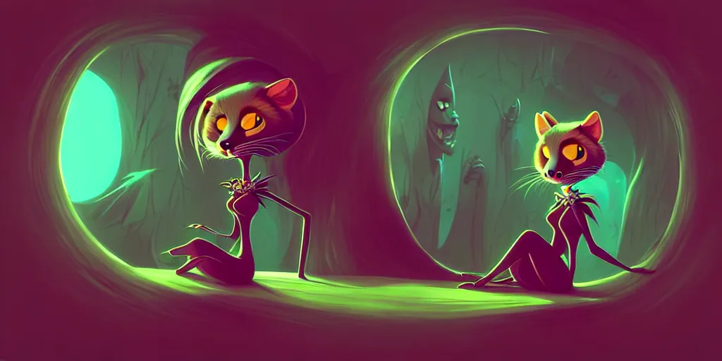 Image similar to curved perspective, extreme narrow, extreme fisheye, digital art of a female marten animal cartoon character wearing jewlery with woman hairstyle by anton fadeev from nightmare before christmas