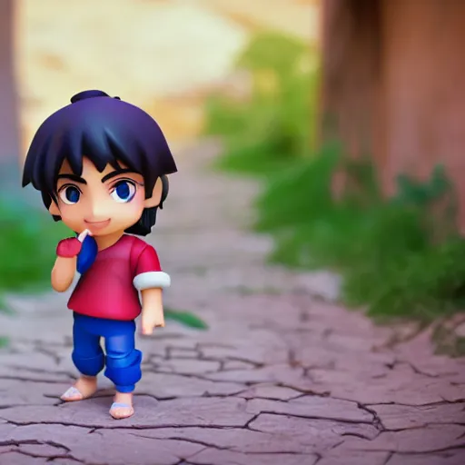 Prompt: young aladdin as nendoroid running in desert village, 8 k hd dof, kodak film,