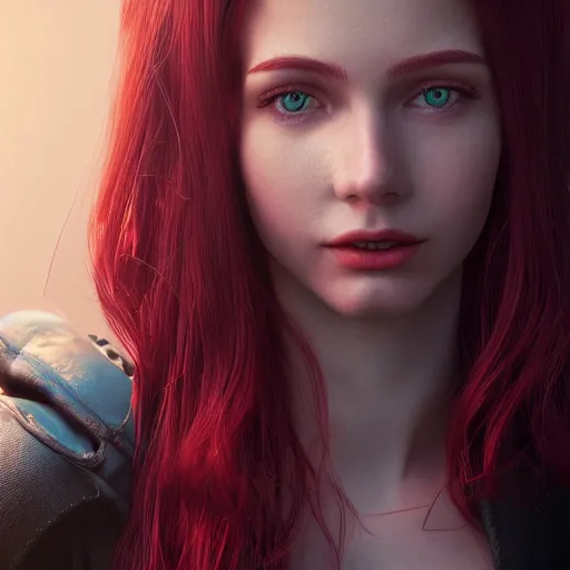 Image similar to beautiful girl her name was helga. she had red hair and green eyes and wanted to become a journalist when she grew up, beautiful portrait, symmetrical, character concept style trending on artstation concept art detailed octane render cinematic photo - realistic 8 k high detailed