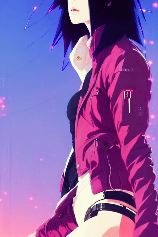 Prompt: a ultradetailed beautiful panting of motoko kusanagi wearing a jacket, by conrad roset, greg rutkowski and makoto shinkai, trending on artstation