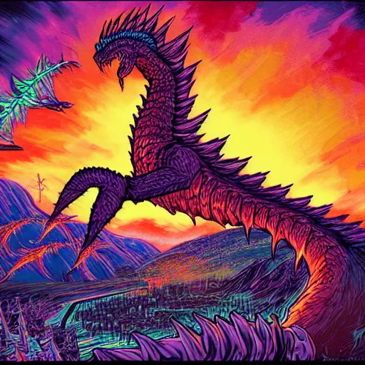 Prompt: A beautiful detailed vivid color colorful comic illustration of King Ghidorah, by Dan Mumford, trending on artstation