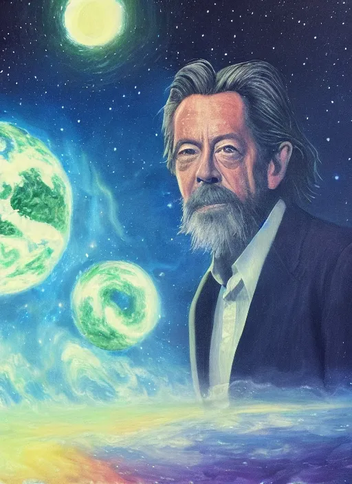 Image similar to alan watts floating in the universe full body oil on canvas painting highly detailed, featured on artstation