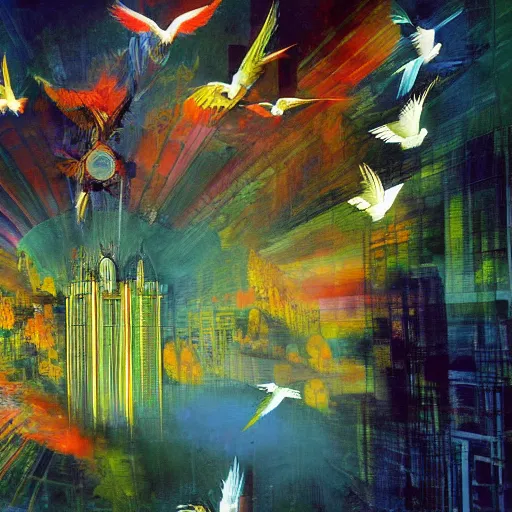 Image similar to iridescent colorful digital birds fly over a progressively rasterized city into virtuality, oil on canvas by dave mckean and ivan shishkin