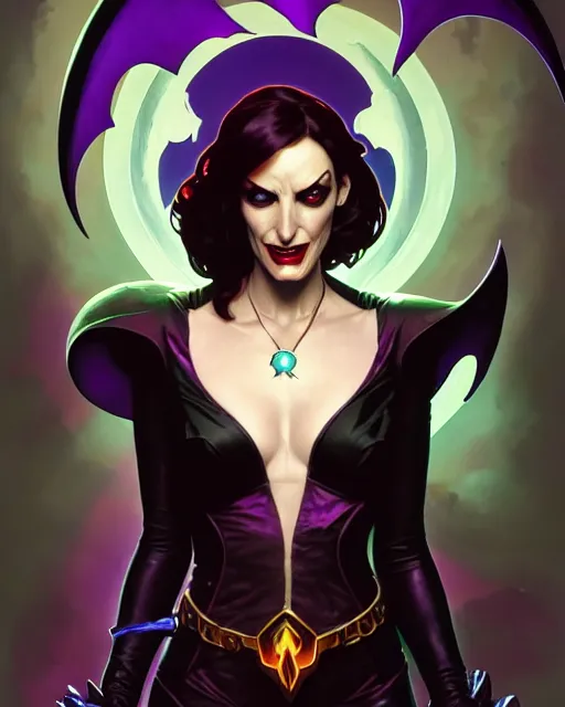 Image similar to winona ryder as scream queen, supervillain, villainess, comic cover painting, masterpiece artstation. 8 k, sharp high quality artwork in style of wayne reynolds, alphonse mucha, greg rutkowski, and don bluth, concept art by jack kirby, blizzard warcraft artwork, hearthstone card game artwork