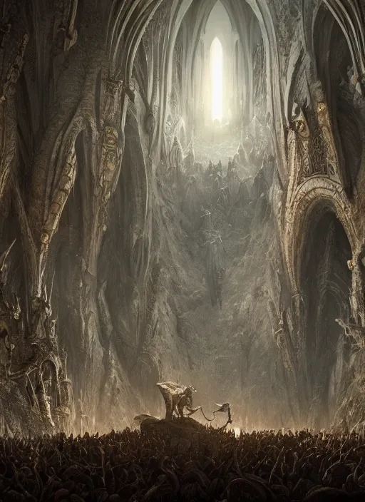 Image similar to medieval adventurers with one angry dragon in the lord of the rings scenery landscape, inside an enormous alien cathedral, portal to another dimension in the sky, highly detailed, cinematic lighting, perfect composition, 4 k, gustave dore, derek zabrocki, greg rutkowski, beksinski, octane render