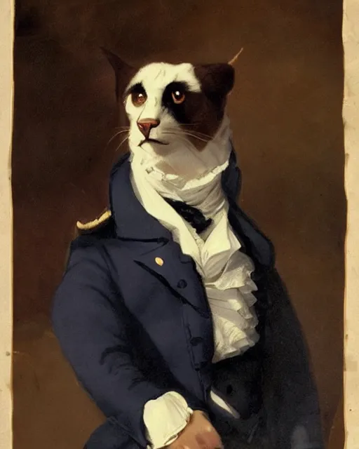 Image similar to cute brown burmese cat with serious expression wearing regency era menswear in navy and white, thomas lawrence, greg rutkowski