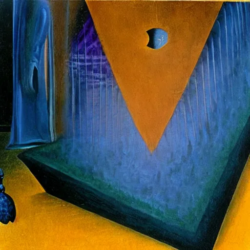 Prompt: an original painting by remedios varo, uses gold, airy, blue, orange and violet as colors - 9