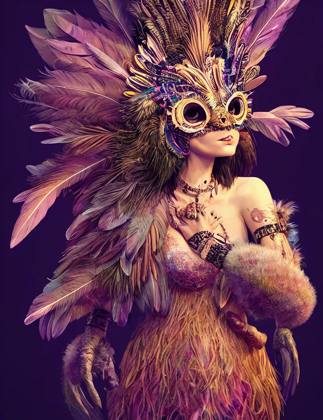 Prompt: 3 d goddess wide angle portrait with feathers, fur, and bones. beautiful intricately detailed avante garde eagle mask and retrowave sorceress outfit. vibrant birds, bio luminescent mushrooms, mycelium, plasma, creature, artwork by tooth wu and android jones wlop and android jones and beeple and greg rutkowski