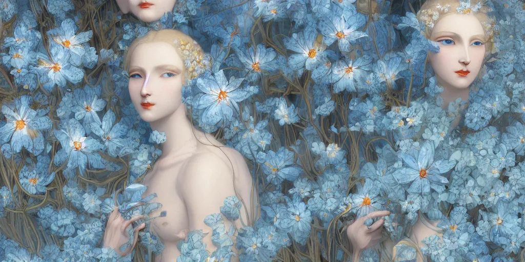 Image similar to breathtaking detailed concept art painting art deco pattern of blonde faces goddesses amalmation light - blue flowers with anxious piercing eyes and blend of flowers and birds, by hsiao - ron cheng and john james audubon, bizarre compositions, exquisite detail, extremely moody lighting, 8 k