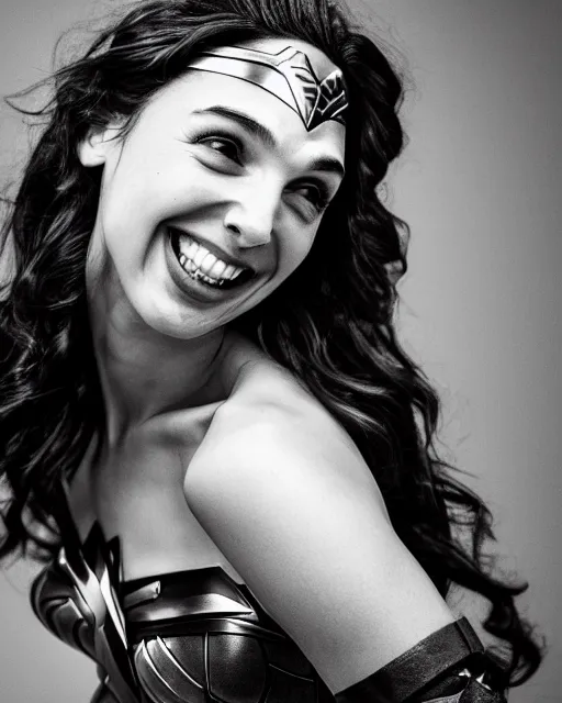 Image similar to gal gadot as she crinkles her nose while laughing, dressed as wonder woman, photorealistic, black and white photography, 2 0 0 mm nikkor m f / 5. 6, 4 x 5 film, bokeh