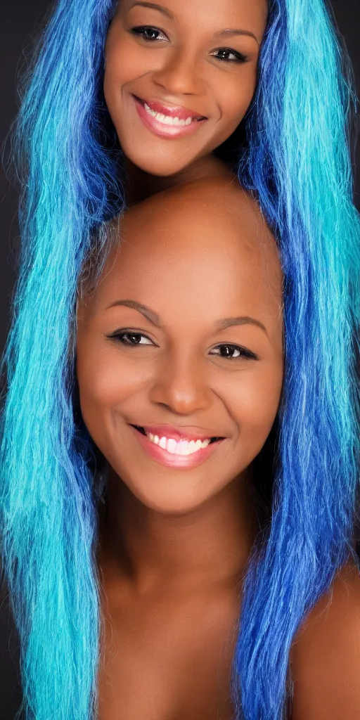 Prompt: picture of a single black woman with blue hair smiling, portrait, realistic, photograph