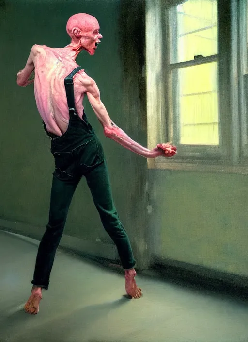 Prompt: an expressive skinny artist wearing overalls physically fighting with a ghost, inside a grand studio, depth of field, hauntingly surreal, highly detailed oil painting, by francis bacon, edward hopper, adrian ghenie, glenn brown, soft light 4 k, green and pink colour palette, cinematic composition, cinematic lighting, high quality octane render, masterpiece