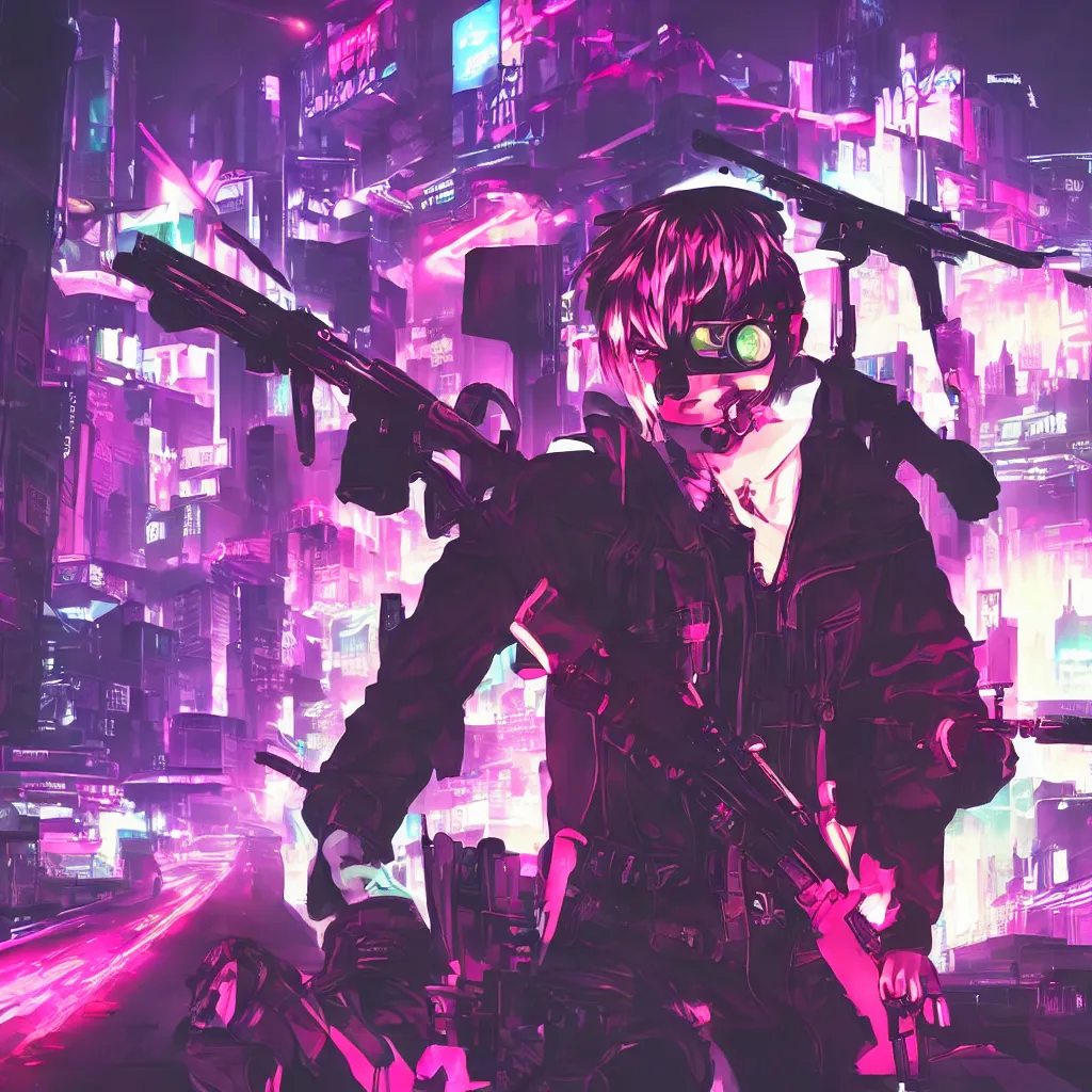 Image similar to portrait of Reaper (The World Ends With You) holding gun, cyberpunk aesthetic, city skyline on background, neon lights, glow, retrowave style