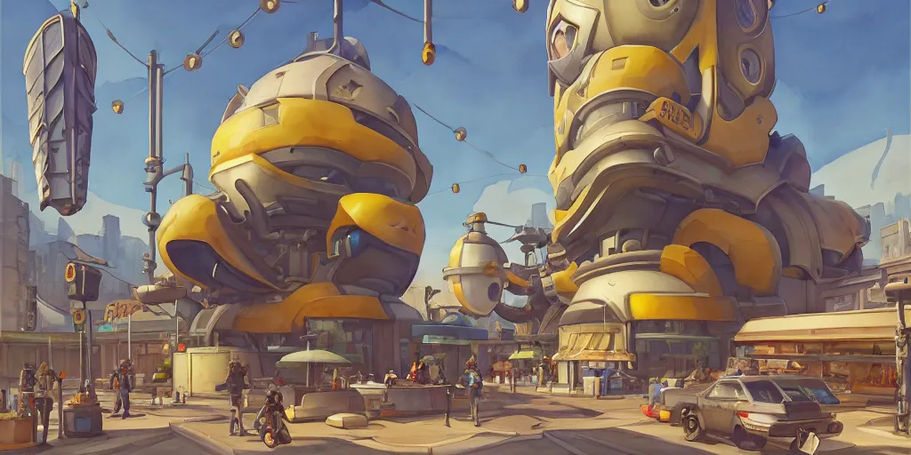 Image similar to overwatch building, stylized, exterior, architecture, in watercolor gouache detailed paintings, insanely detail, artstation, 8 k, futuristic, big medium small, arcane, simon stalenhag, food stall, interesting shapes & form, golden ratio, megastructures, vitaly bulgarov, mall