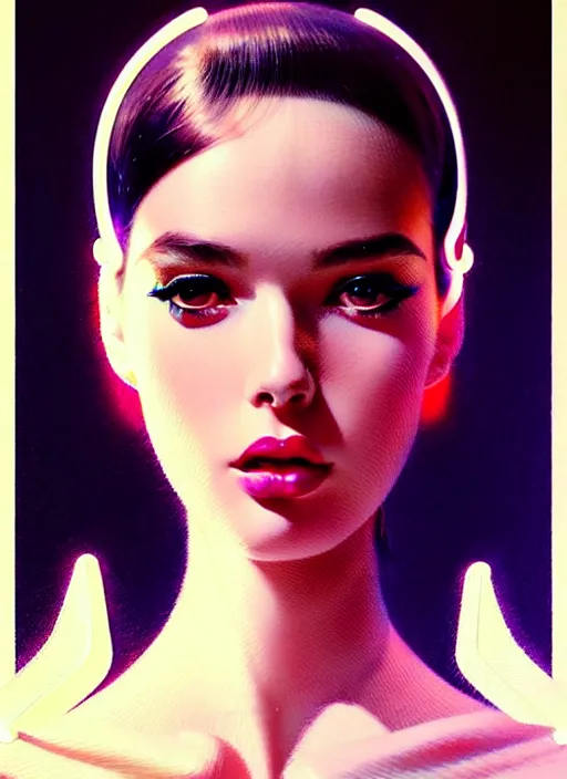 Image similar to photorealistic portrait of female humanoid, highly intricate, retro 6 0 s haute couture fashion, elegant, highly detailed, crispy quality and cyber neon light reflections, artstation, pinterest, glamor pose, no signature, no watermark, art by artgerm and greg rutkowski