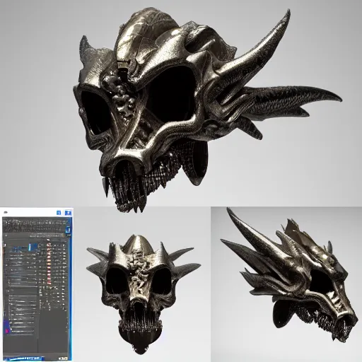 Image similar to high tech metallic dragon skull, futuristic, sci fi, yu-gi-oh 5ds, zbrush sculpt trending on artstation cgsociety, cad model, fusion360 highly detailed studio lighting 4k octane render