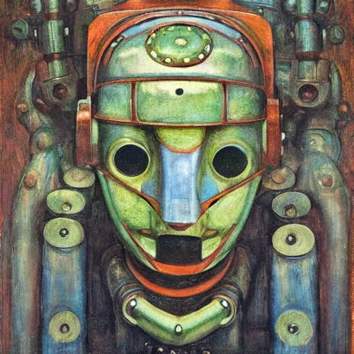 Image similar to the robot in her mechanical mask,by Annie Swynnerton and Diego Rivera, symbolist, dramatic lighting, elaborate geometric ornament, Art Brut, bioluminescent, soft blues and greens,smooth, sharp focus, extremely detailed, Adolf Wölfli