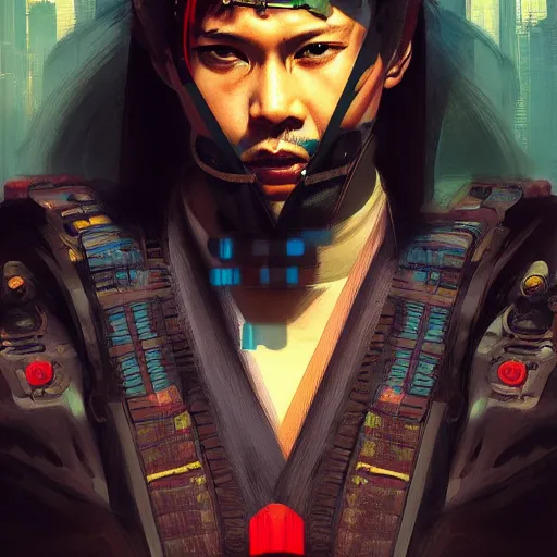 Prompt: cyberpunk samurai portrait painting, medium shot, asymmetrical, profile picture, organic painting, sunny day, matte painting, bold shapes, hard edges, street art, trending on artstation, by huang guangjian and gil elvgren and sachin teng