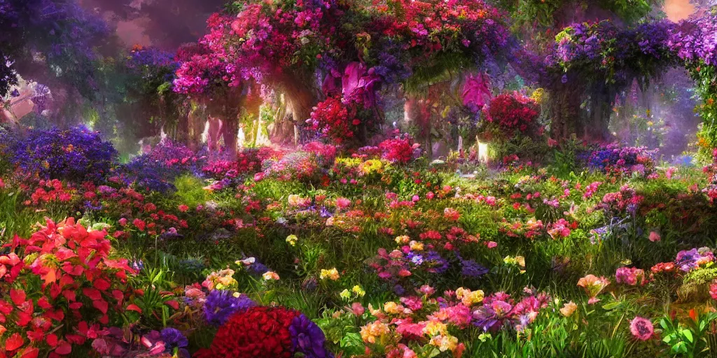 Image similar to beautiful fantasy flower garden, saturated, detailed lighting, high quality, sharp focus, intricate, digital painting, artstation, 4k