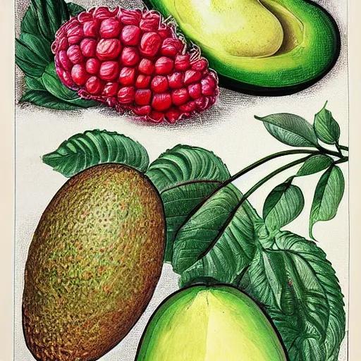 Image similar to highly detailed graphic poster depicting an avocado and a raspberry watching the world on burn with fire, done in the style of old botanical illustrations, matisse, caravaggio, basquiat, japanese art, 4 k