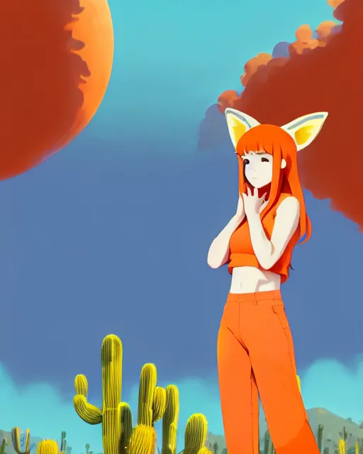 Image similar to portrait of cute redhead foxgirl in orange jumpsuit with fox ears by ilya kuvshinov, holding a cactus, cloudy sky background lush landscape illustration concept art anime key visual trending pixiv fanbox by wlop and greg rutkowski and makoto shinkai and studio ghibli