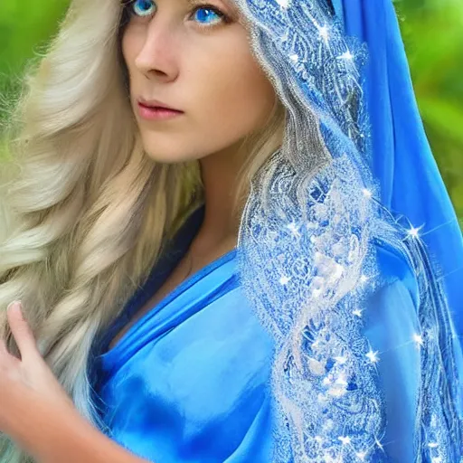 Image similar to goddess, mother god, beautiful, majestic, beautiful blue big eyes, long blond hair, dressed with white silk and head veil, goodness, love light life, grace, goodness, sweet, intelligent, sparkles of light on his head, blue sky