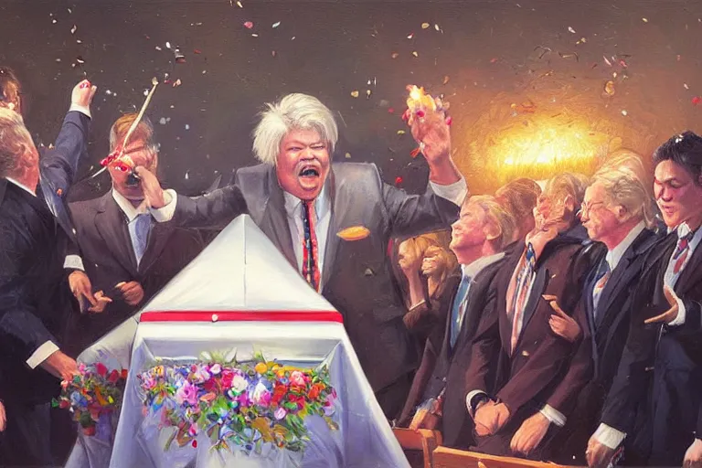 Image similar to portrait of rip taylor throwing confetti during a funeral service, an oil painting by ross tran and thomas kincade