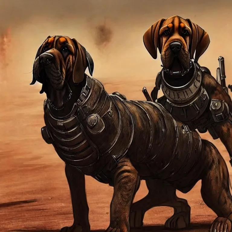 Image similar to a good ol'floppy - eared bloodhound pup fursona ( from the furry fandom ), heavily armed and armored facing down armageddon in a dark and gritty version from the makers of mad max : fury road. witness me.