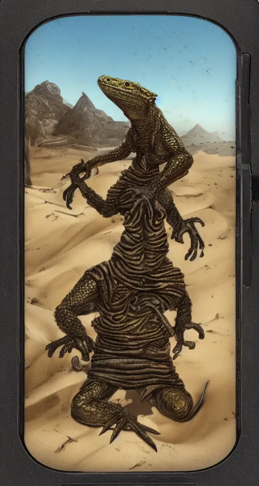 Prompt: charred photograph of a half man half lizard hybrid exploring a dune with treasure in his backpack and a sword in his hand, 4 k, detailed, landscape, realistic, polariod