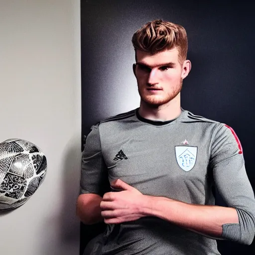 Image similar to a realistic detailed photo of a guy who is an attractive humanoid who is half robot and half humanoid, who is a male android, soccer player timo werner, shiny skin, posing like a statue, blank stare, in a living room, on display, showing off his muscles