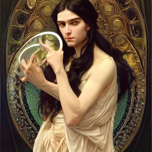 Image similar to god, non-binary, long hair, georgeus, intricate, elegant, ethereal, artstation, highly detailed, sharp focus, smooth, by artgerm and greg rutkowski and alphonse mucha