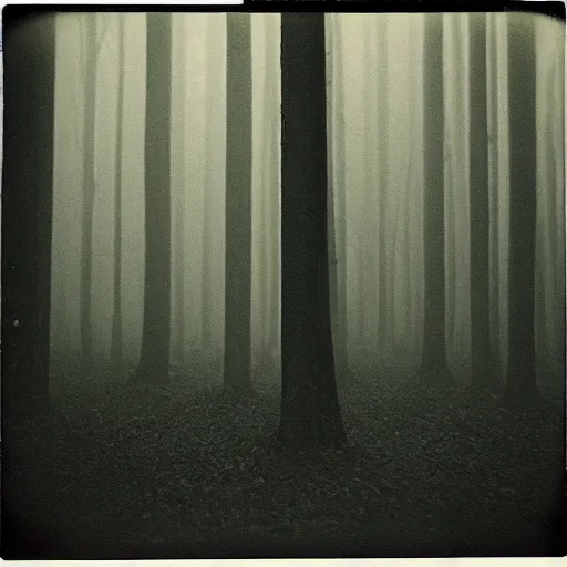 Image similar to concrete structure in a forest clearing at night, foggy, minimalistic architecture, dark, surreal, open space, light art, james turrel, old polaroid, expired film,