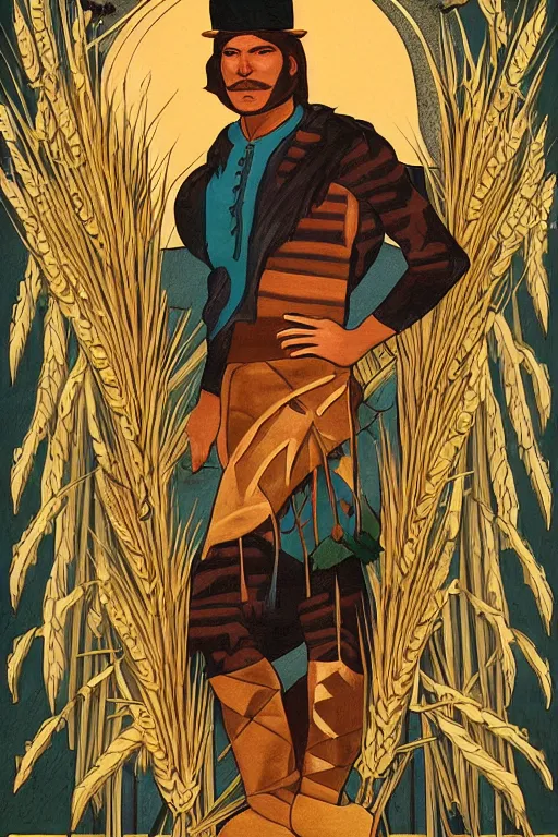 Prompt: a beautiful tarot! card of a handsome indigenous cowboy surrounded by wheat and berries!, homoerotic, art deco!, Art nouveau, majestic, trending on artstation