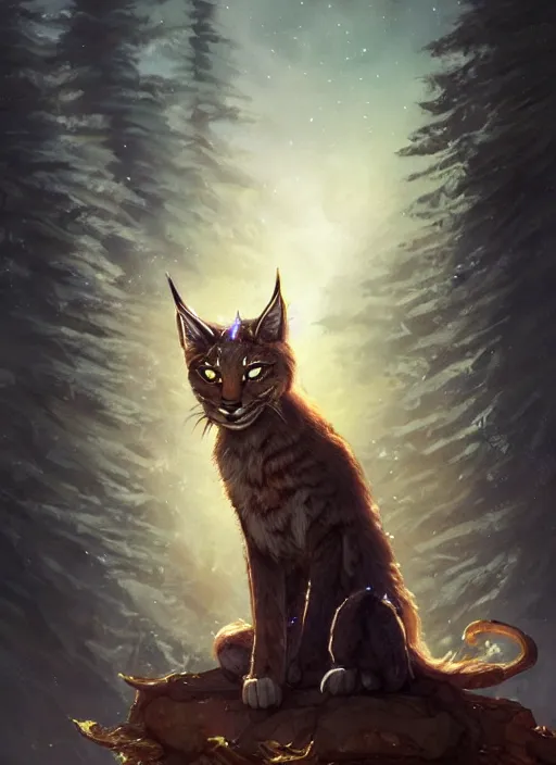 Image similar to lynx holding a golden intricately decorated shiny scepter, night, spruce trees on the sides, mountains in the background, eerie dark atmosphere, moonlit, back light, fantasy art by charlie bowater and yoshitaka amano, trending on artstation