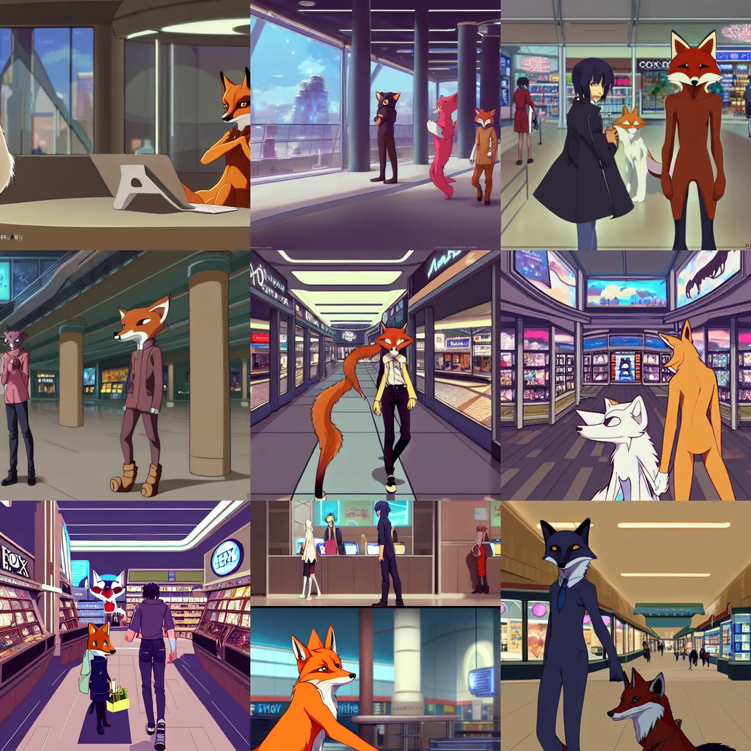 KREA - an anthropomorphic natural furry ( fox ) shopping at a futuristic  mall, photorealistic, anime, makoto shinkai, james gurney, don bluth,  disney, hibbary, dark natasha, goldenwolf, furaffinity