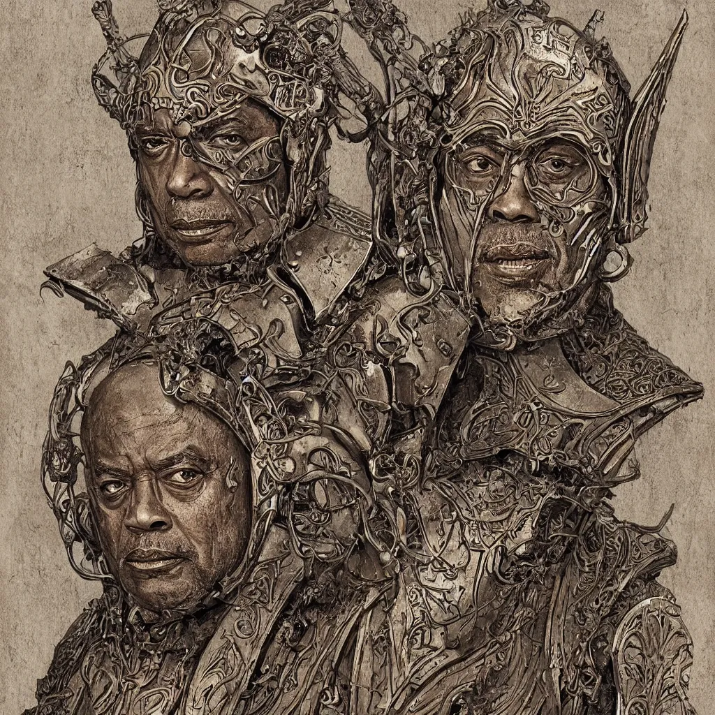 Image similar to decayed art nouveau bust portrait of James Earl Jones as Thulsa Doom in shining rune-carved armor by Kyle Hotz and Michael Golden, with rich atmospheric colors, sinister ambience, perfect mixed media illustration, accurate symmetrical anatomy details, metallic art nouveau border designs, precise machinery, perfect symmetry, sumerian, roman, egyptian, medieval, bill sienkiewicz